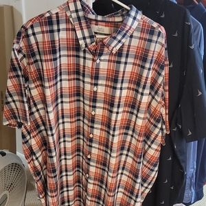 red white blue button down short sleeved shirt